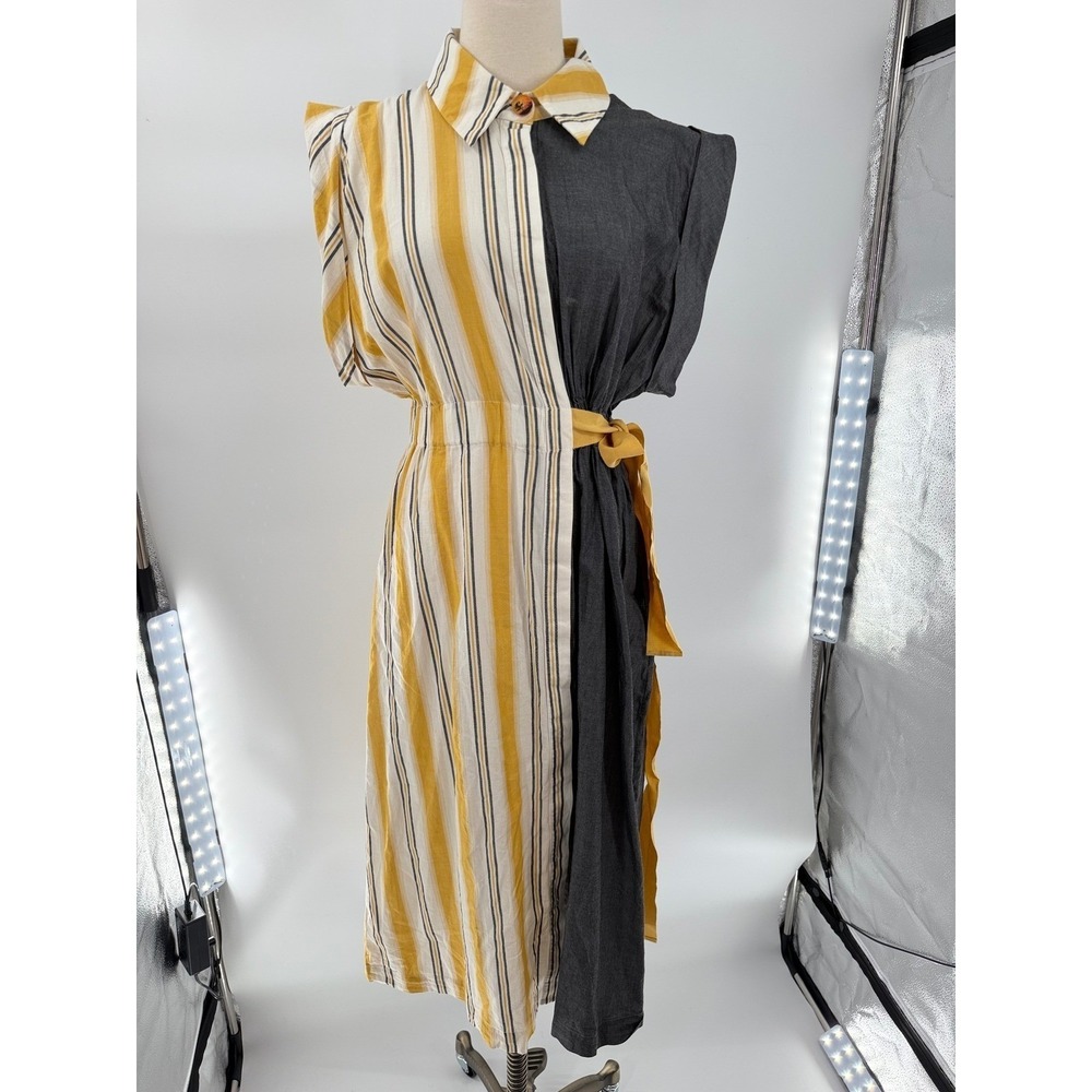 Exquise Anthropologie Colorblock Midi Shirt Dress 12 Stripe Asymmetric Yellow